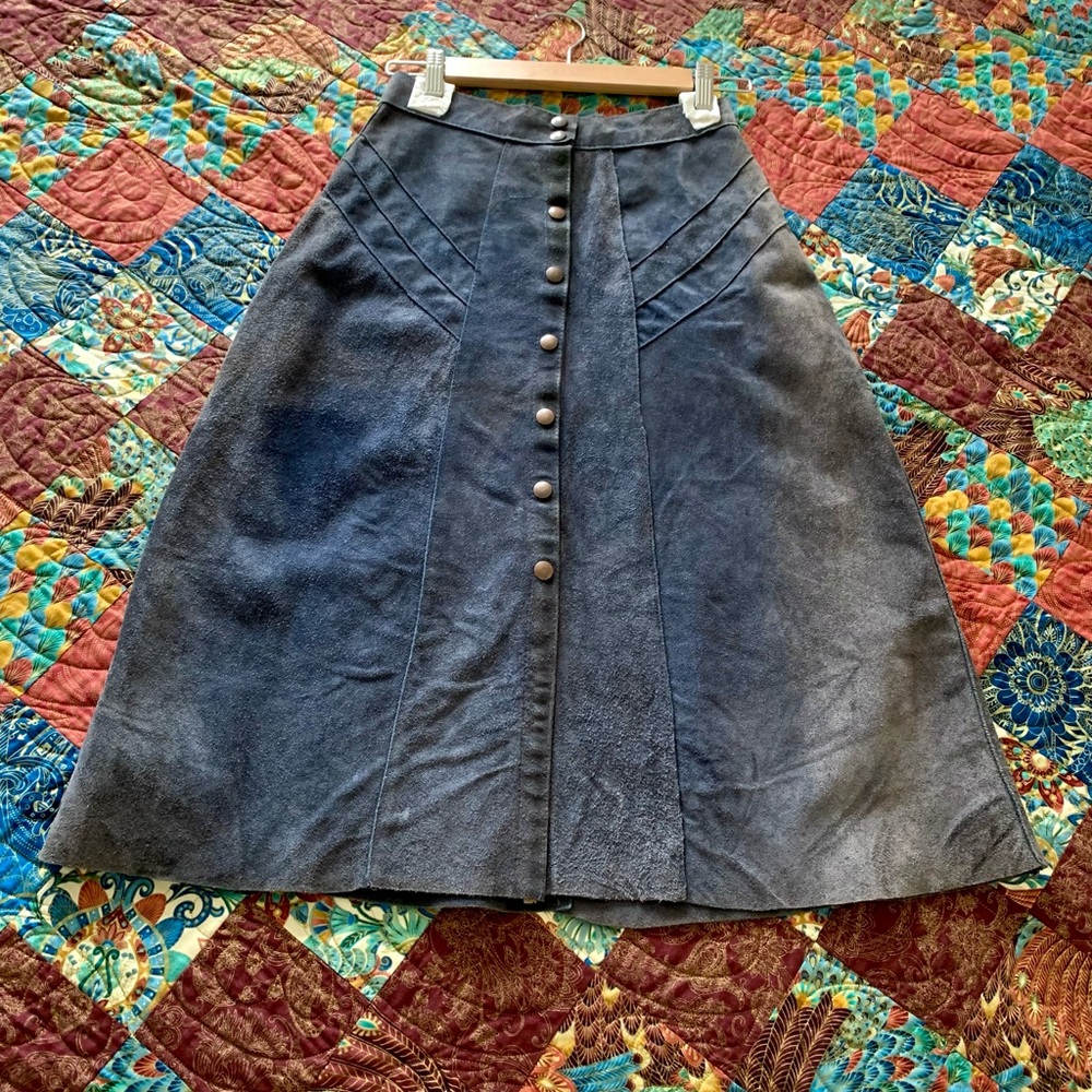 1970’s Vintage Western Cowgirl Leather Blue Navy Skirt Size 26” Boho